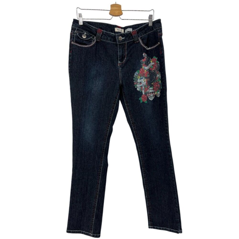 MKM Jeans Juniors Size 15 Vintage Y2K rose skull dark wash stretch womens